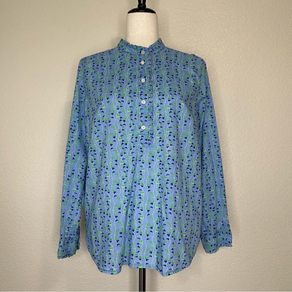 Talbots Periwinkle Blue Green Pattern Quarter Front Button Top